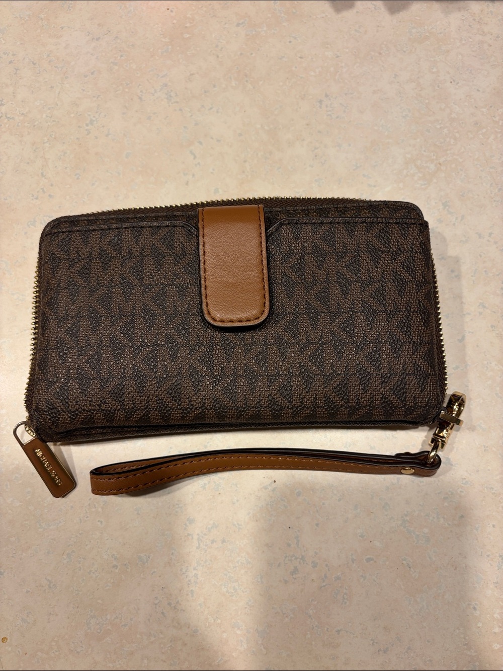 Michael Kors Brown Monogram Zip-Around Wristlet Wallet with Tan Accent